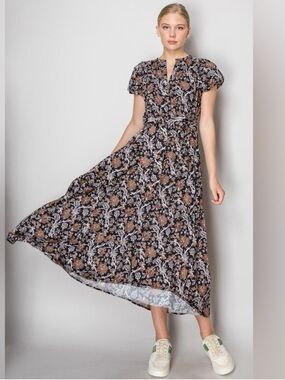 Melloday Bohemian Floral Maxi Dress in Black and Brown EUC